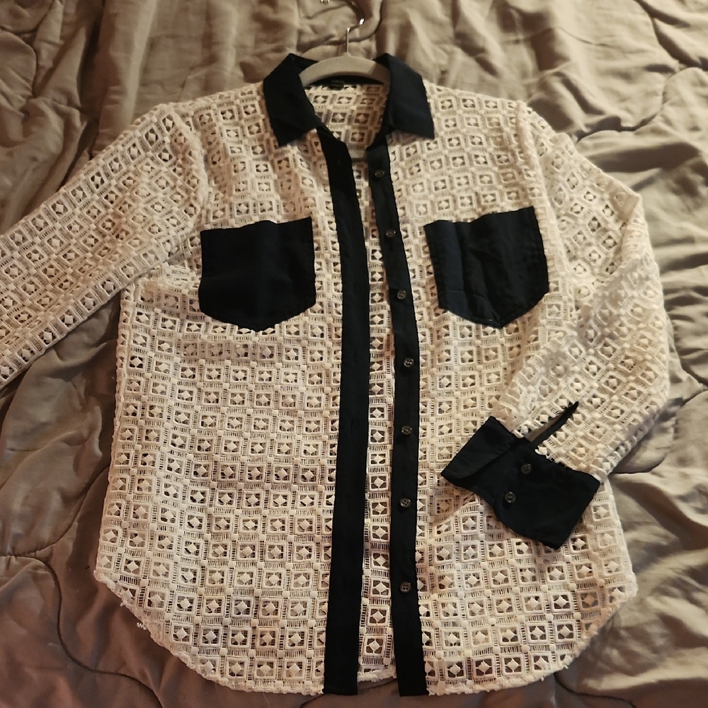 J. Crew Navy and White Lace Top